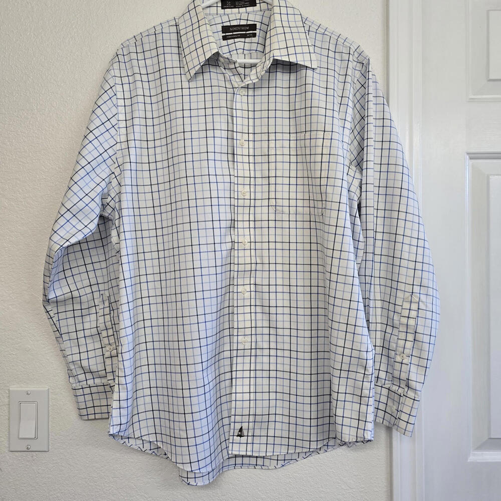 Nordstrom Men’s Trim Fit Wrinkle-Free Black White Plaid Button Down Shirt 16/33